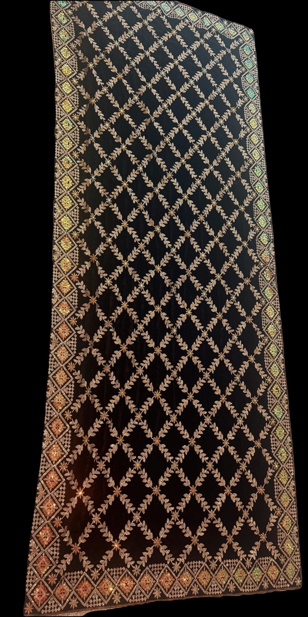 Dark violet velvet dupatta – gold sequin embroidery detail