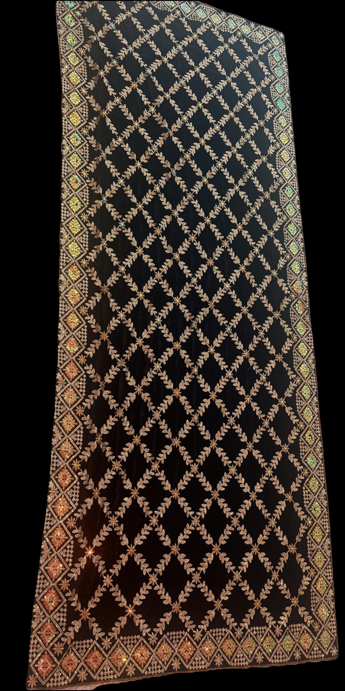 Dark violet velvet dupatta – gold sequin embroidery detail