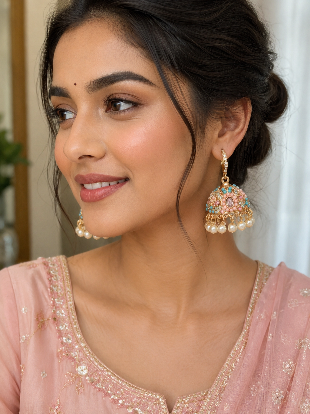 Colorful pearl jhumka earrings