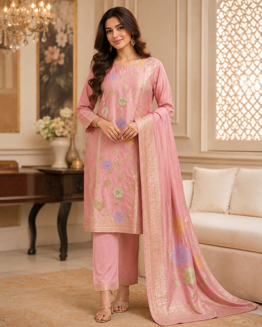 Blush pink embroidered three-piece suit alternate view