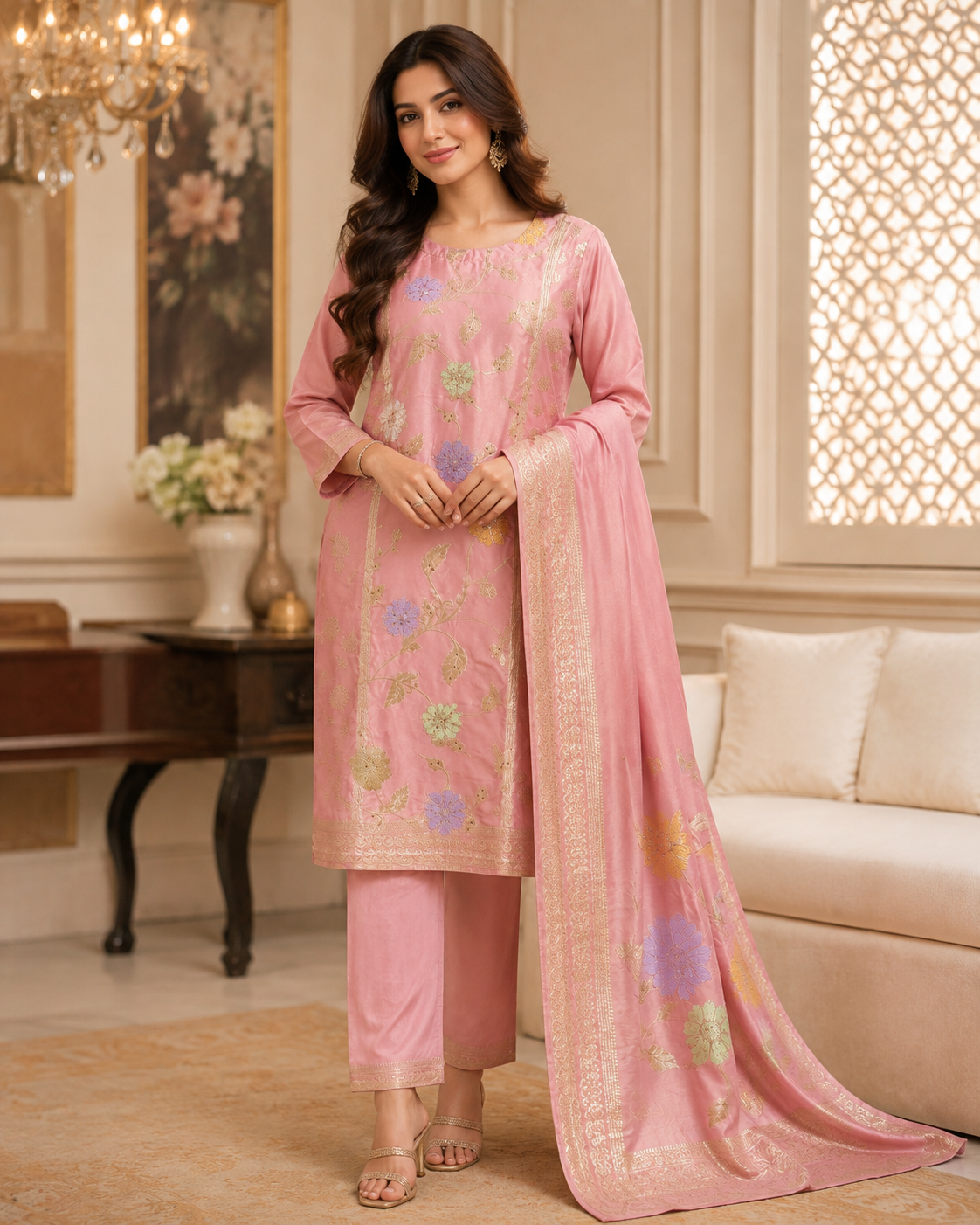 Blush pink embroidered three-piece suit alternate view