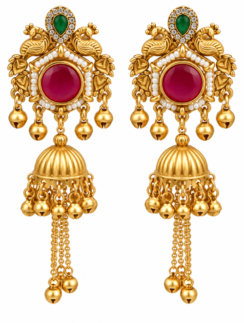 Antique Gold Peacock Jhumka Earrings with Ruby & Emerald Stones alternate view