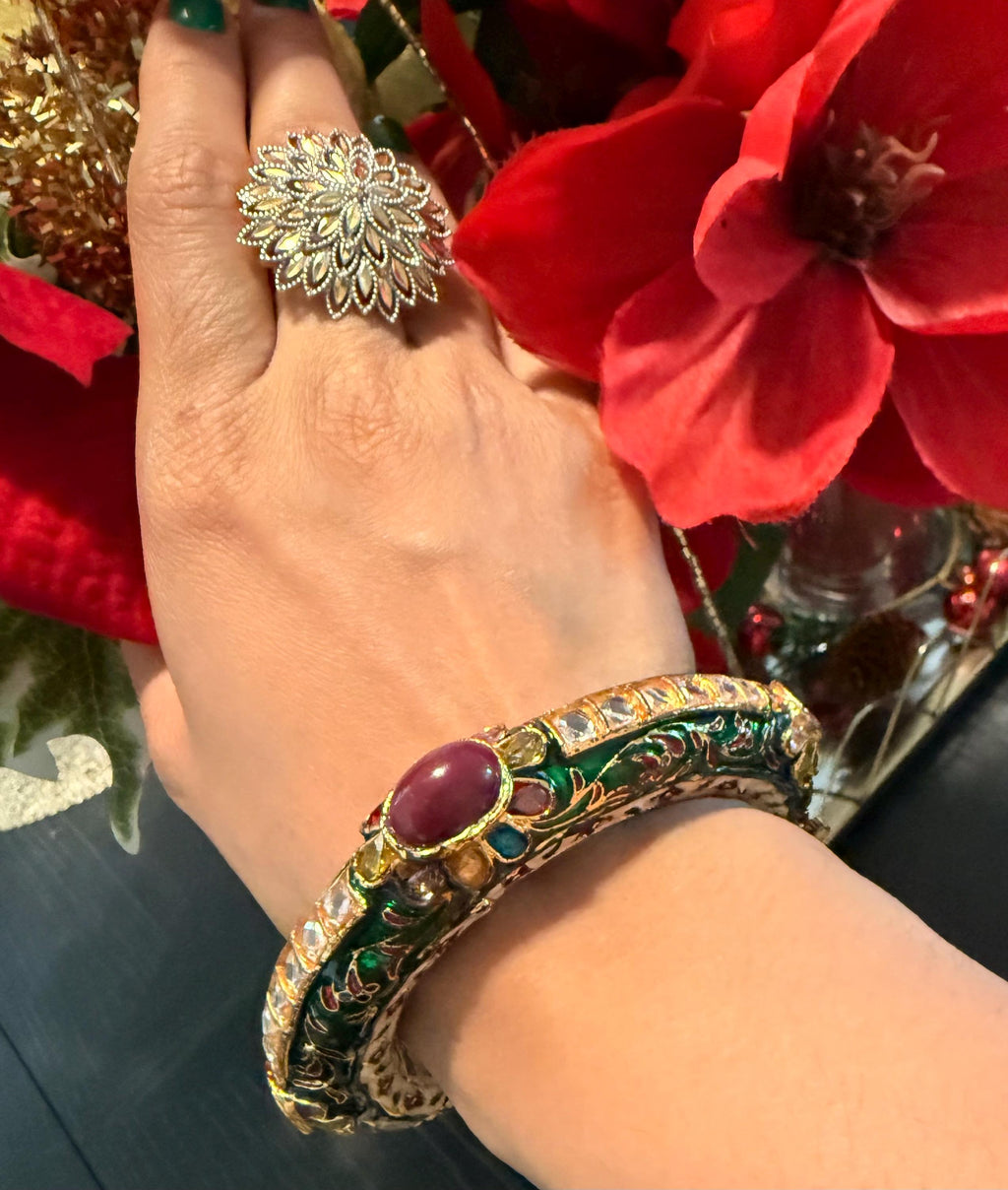 Colorful Kundan kada bracelet – multicolor stone and screw-lock detail