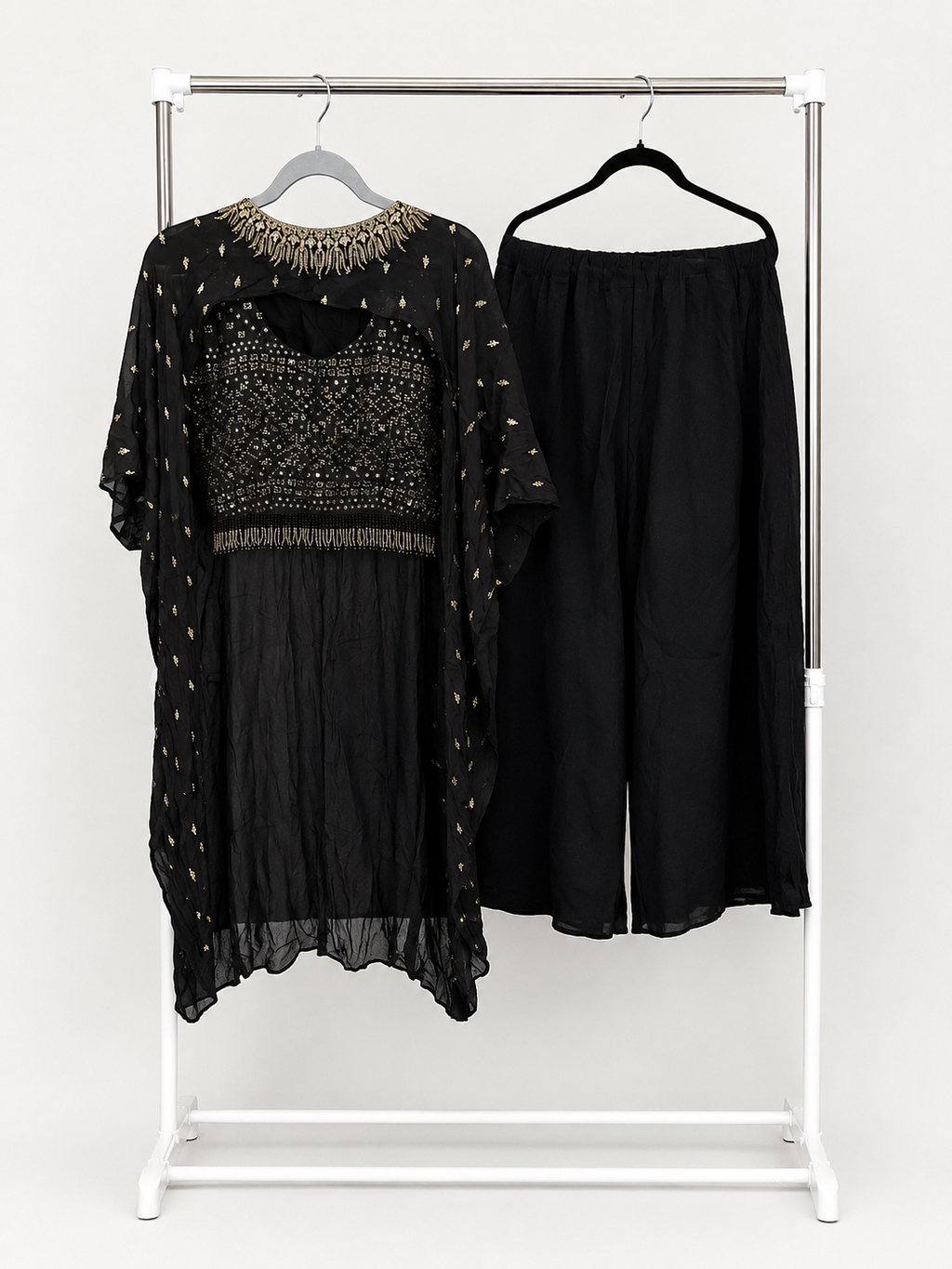 Black and gold embellished crop top and palazzo detail