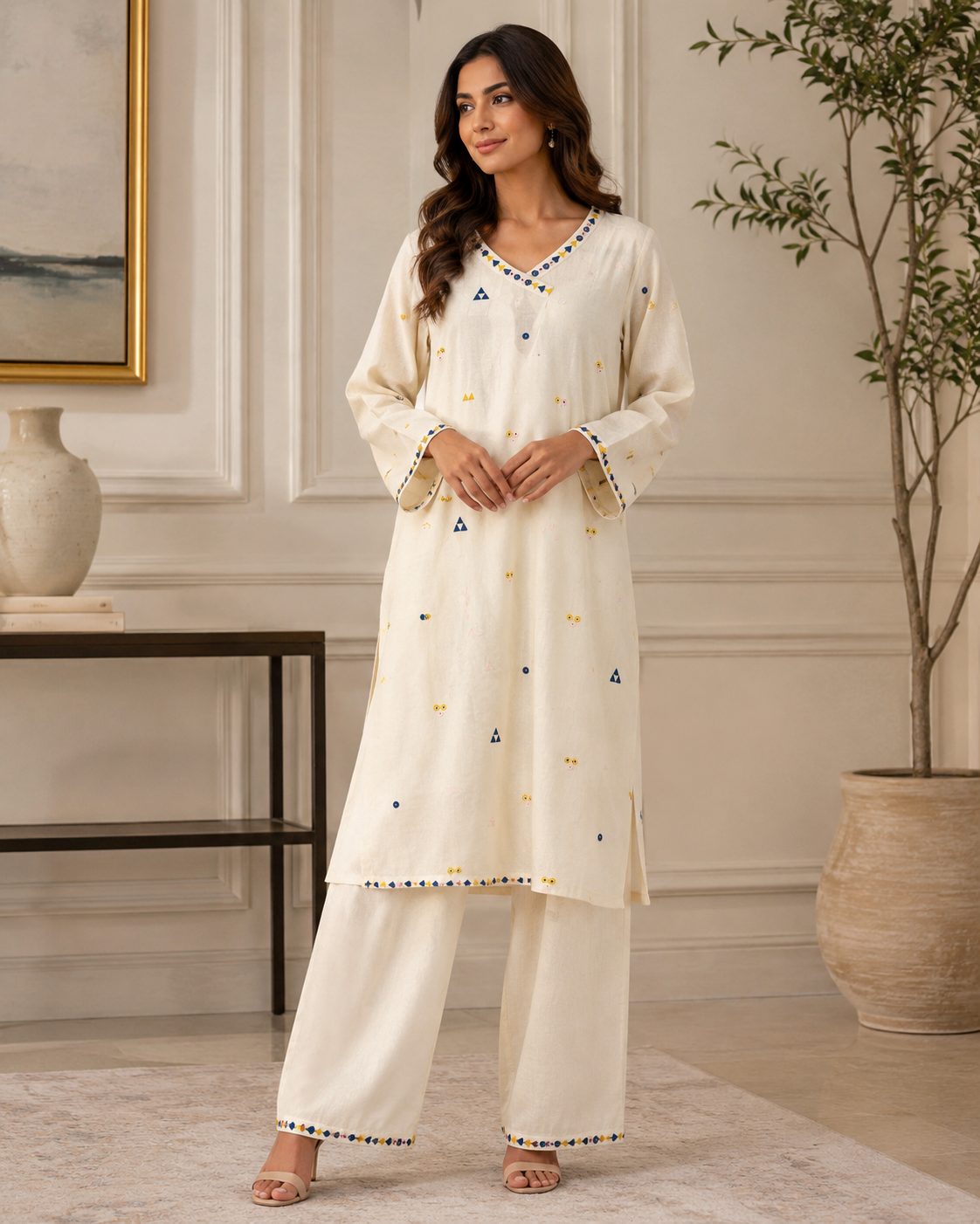 White and ivory embroidered kurta and pant set