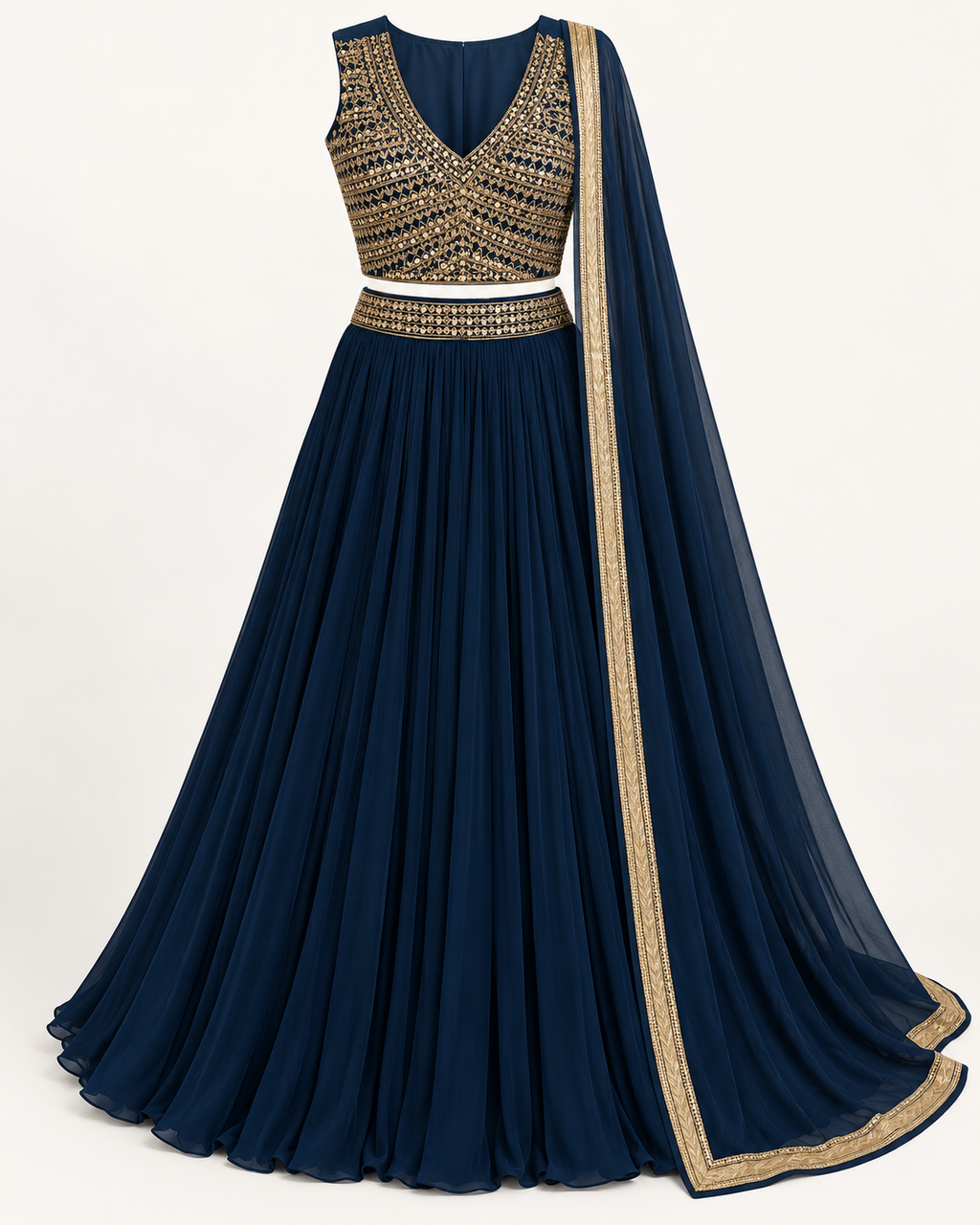 Navy blue and gold embroidered lehenga set