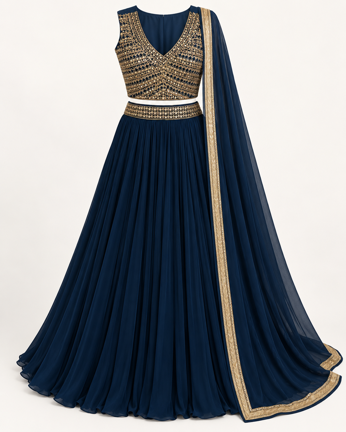 Navy blue and gold embroidered lehenga set