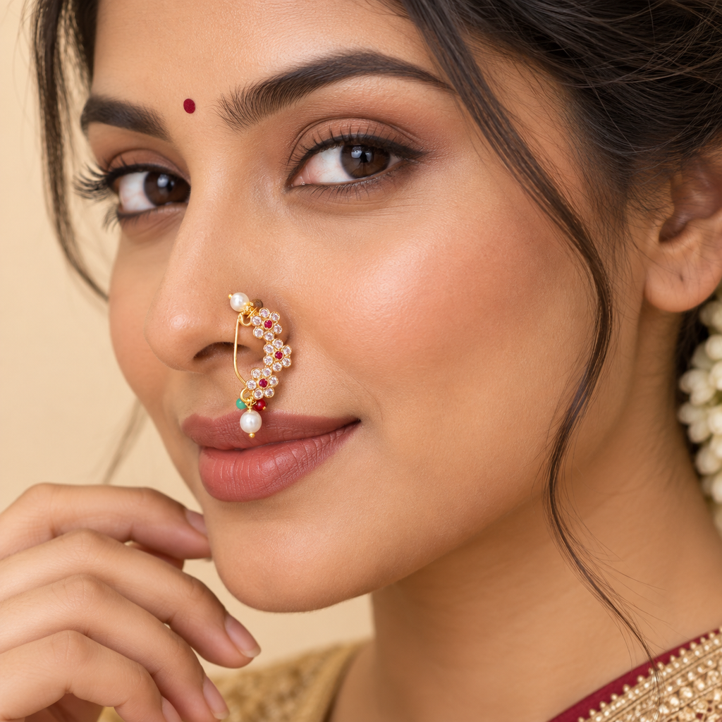 Floral crystal nath nose ring with pearl drops