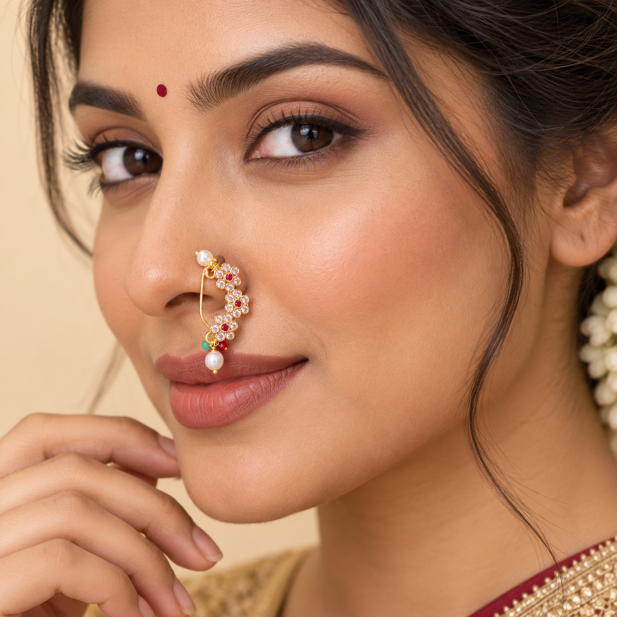 Floral crystal nath nose ring with pearl drops