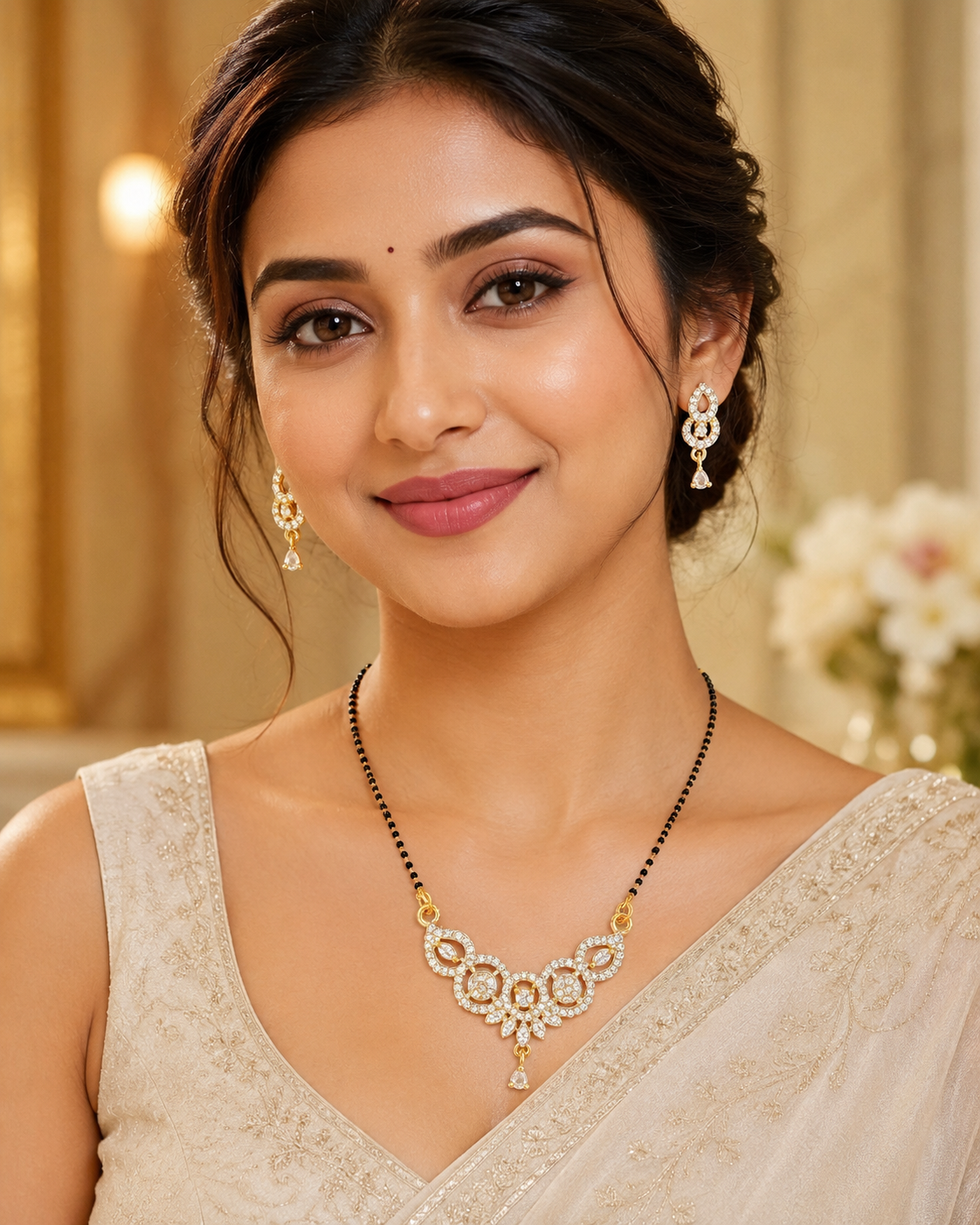 Gold-tone floral mangalsutra necklace and earring set