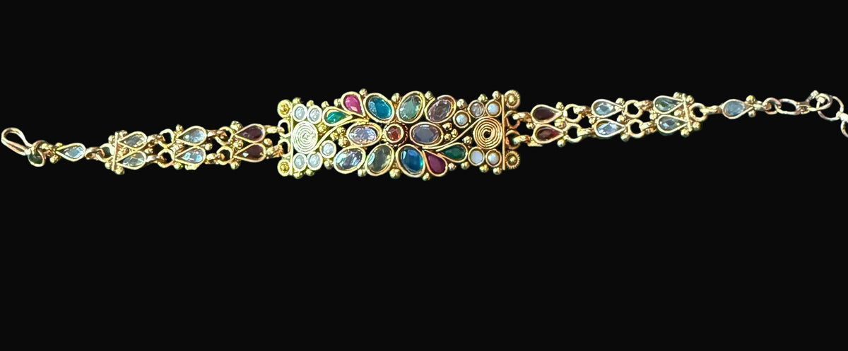 Multicolor Kundan-style gold-tone bracelet floral stone detail