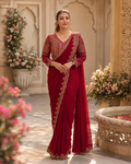 Pre-stitched saree gold embroidered border and blouse detail