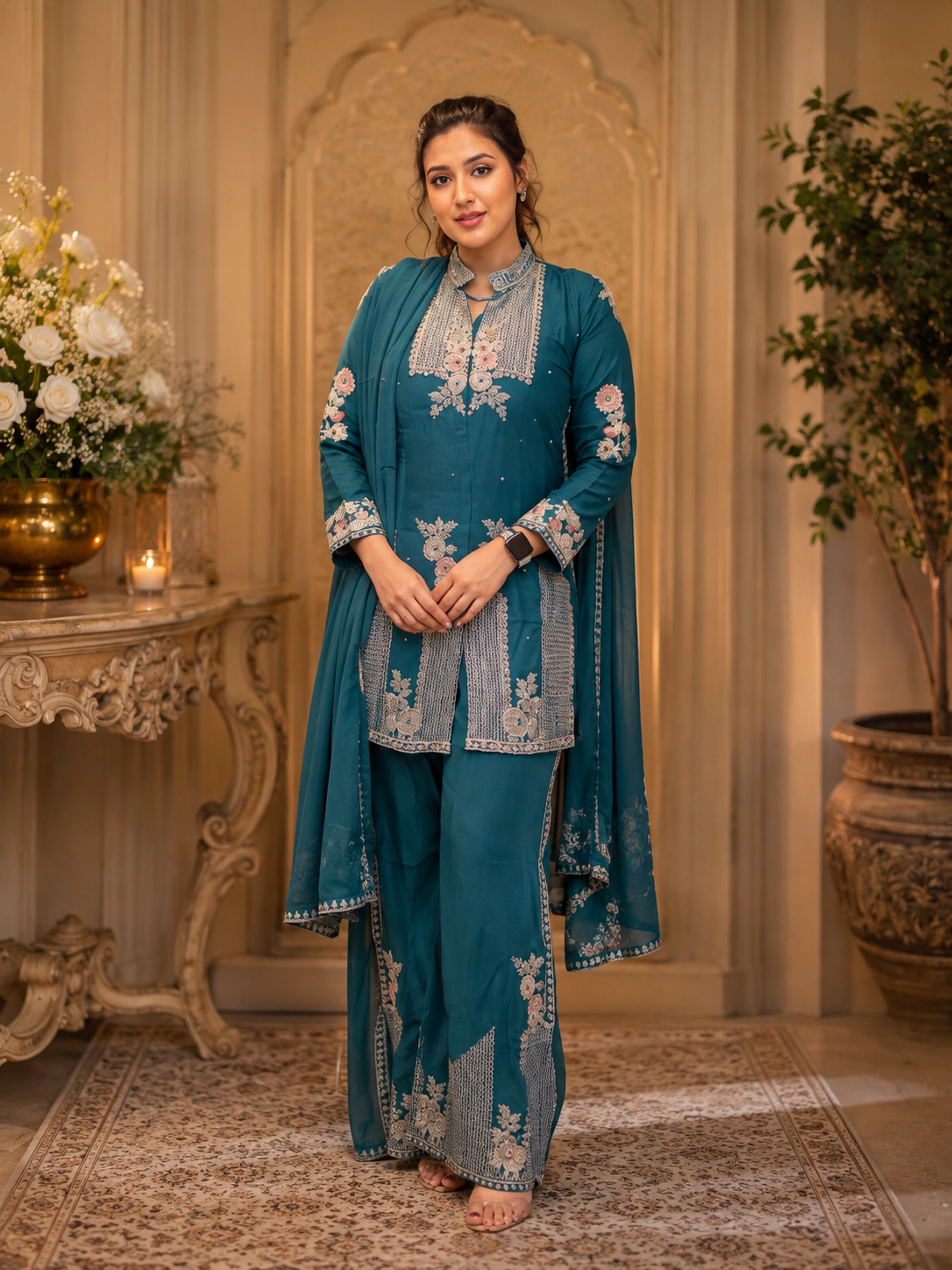 Teal embroidered three-piece set with dupatta