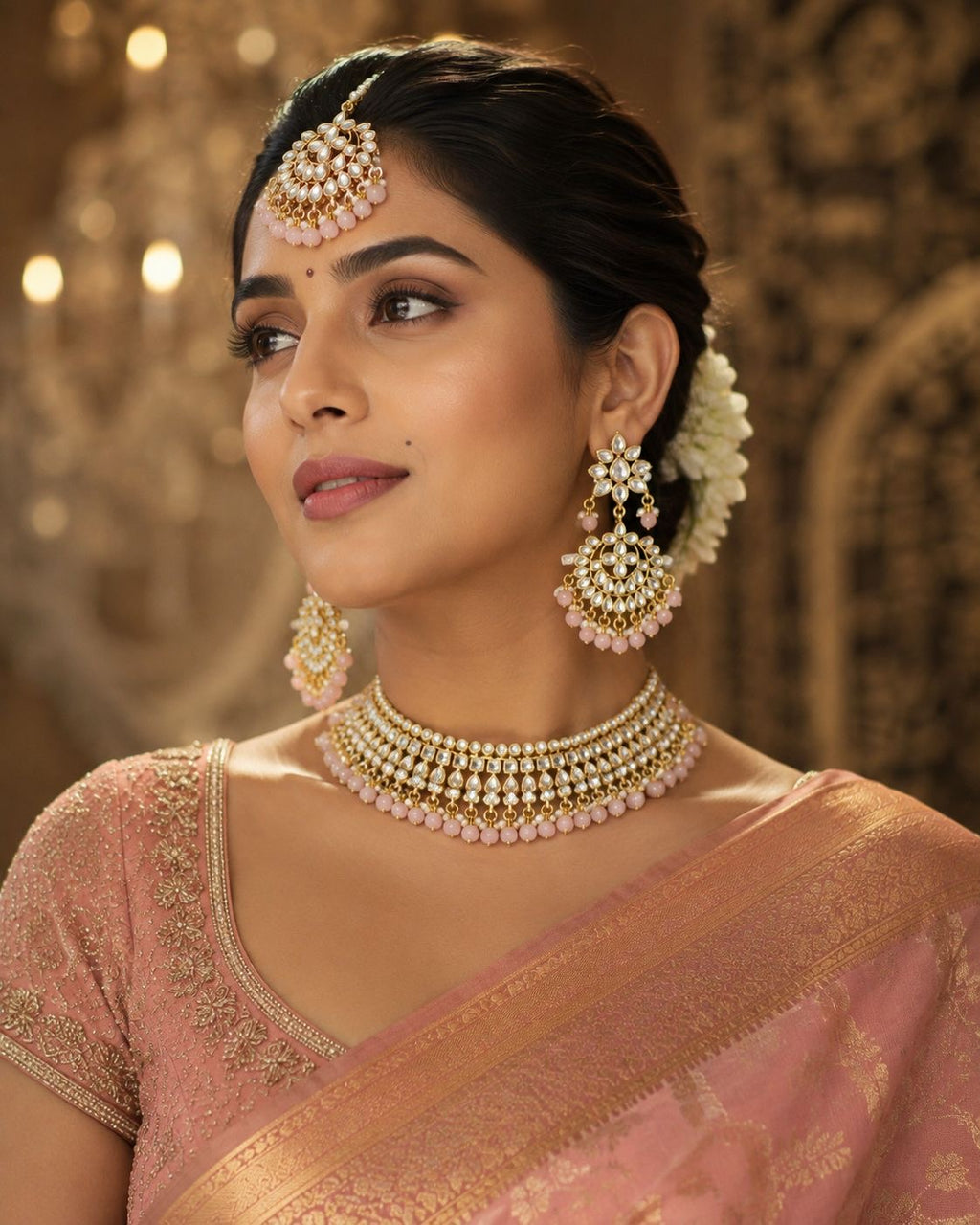 Pink Kundan bridal necklace set with earrings and maang tikka