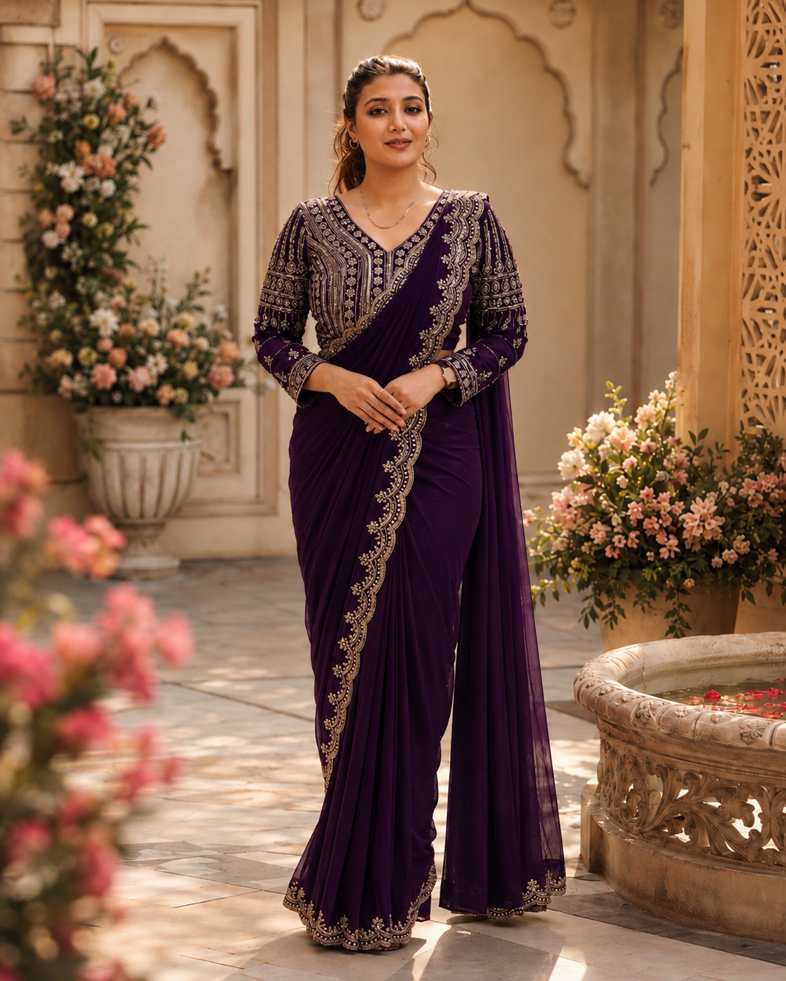 Deep red and dark purple pre-stitched saree