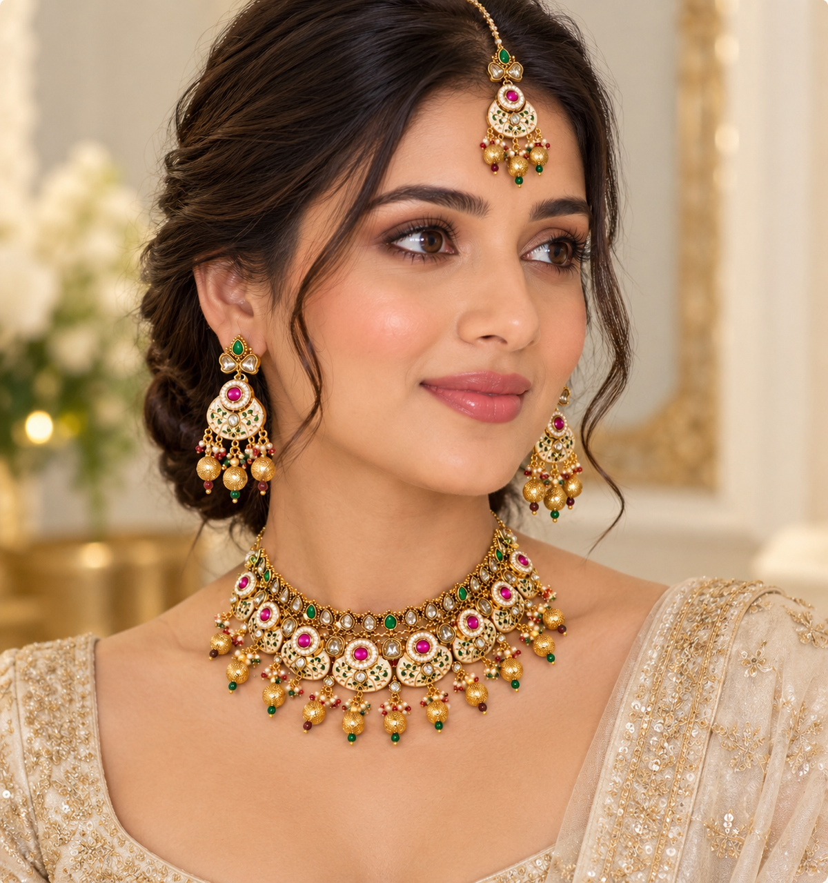 Gold-tone Kundan bridal choker set – choker stone and bead detail