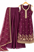 Elegant Wine Embroidered 3-Piece Palazzo Suit Set