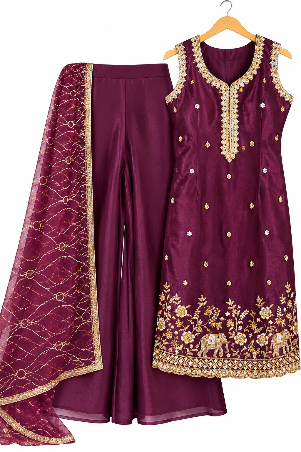 Elegant Wine Embroidered 3-Piece Palazzo Suit Set