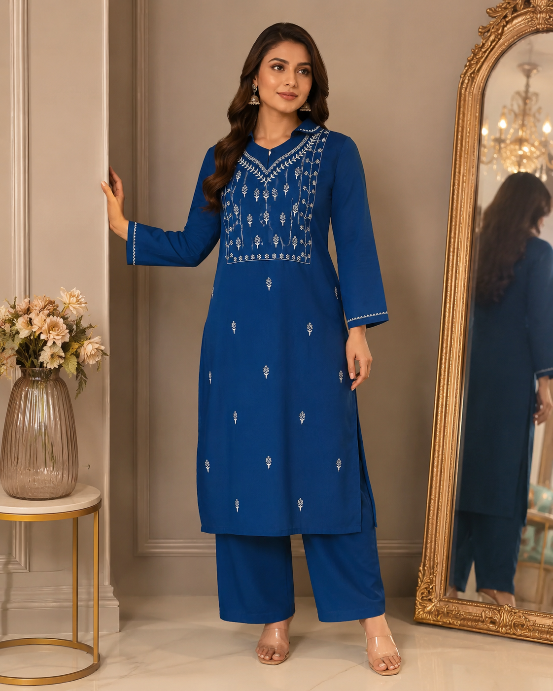 Royal blue embroidered kurta and pant set
