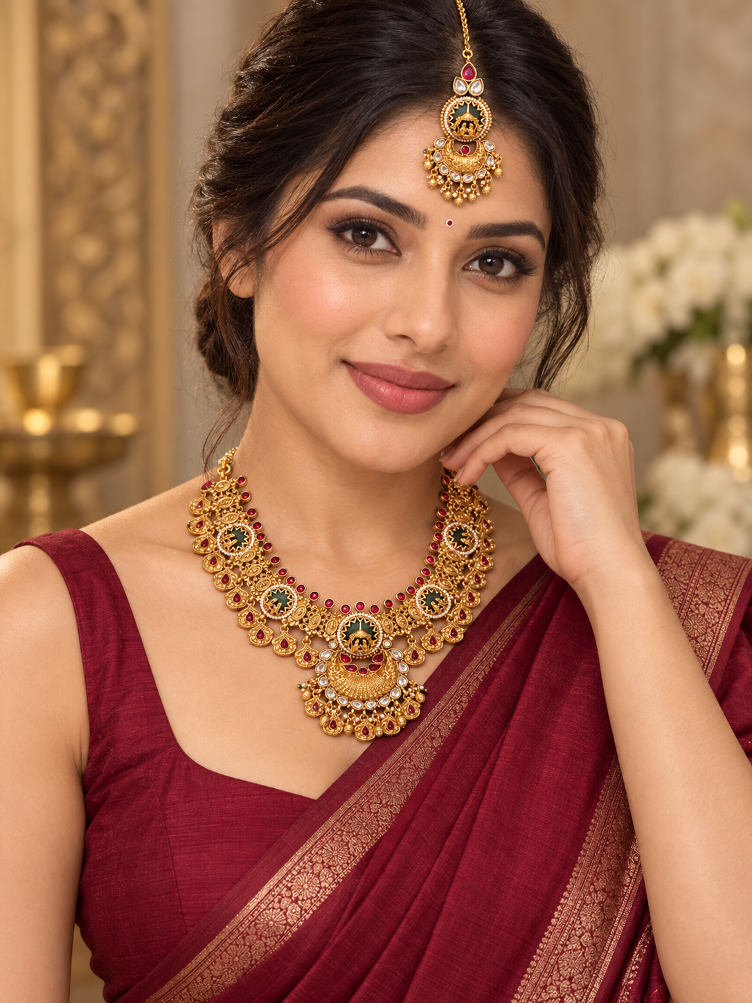 Temple-style necklace and maang tikka jewelry detail