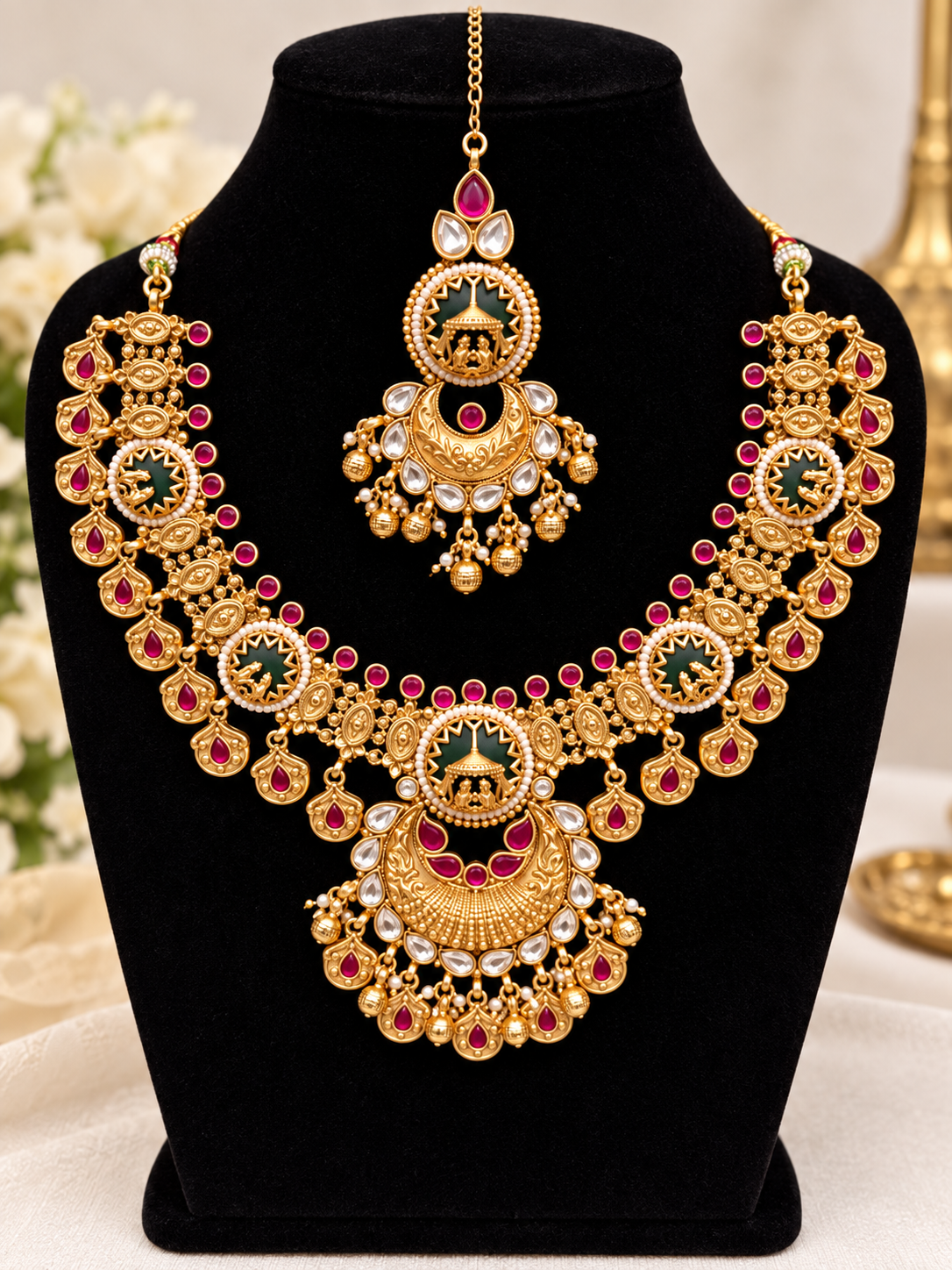 Temple-style necklace and maang tikka set