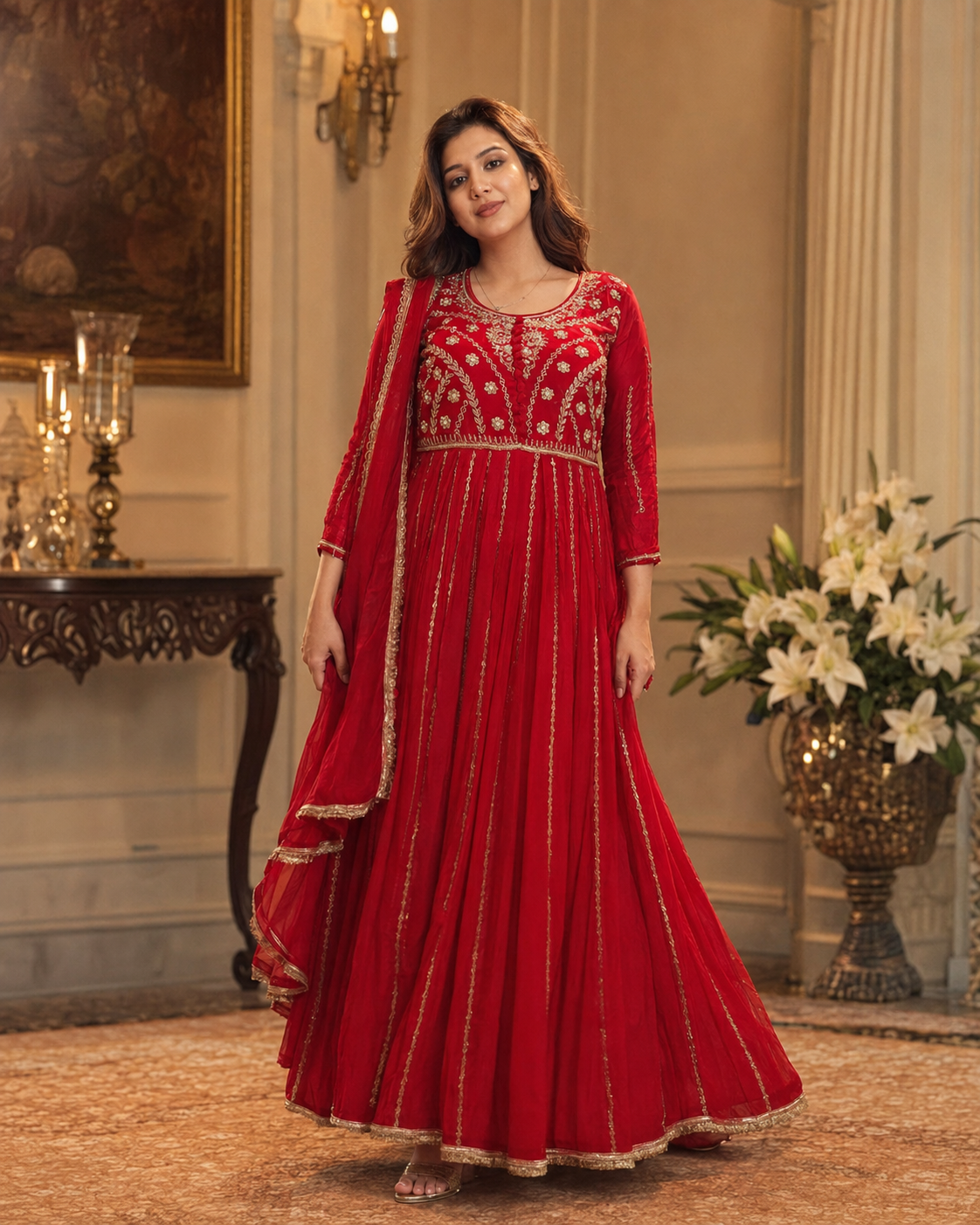 Full-length Anarkali dress and matching dupatta detail