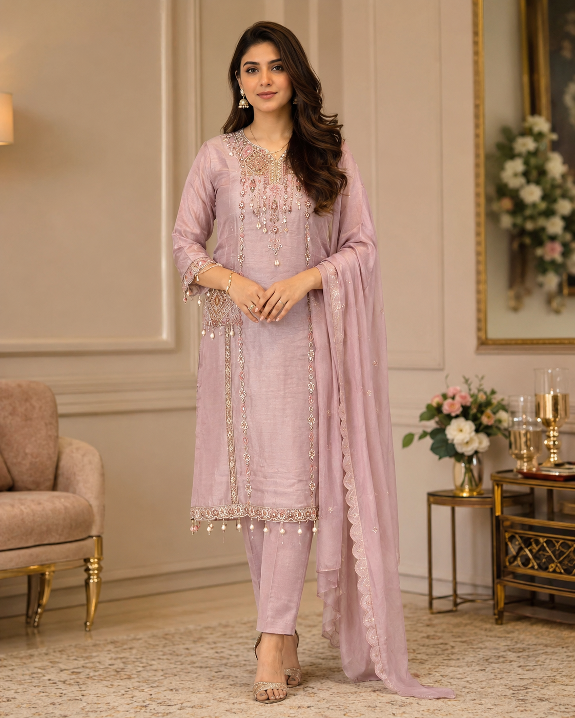 Dusty pink embroidered three-piece suit