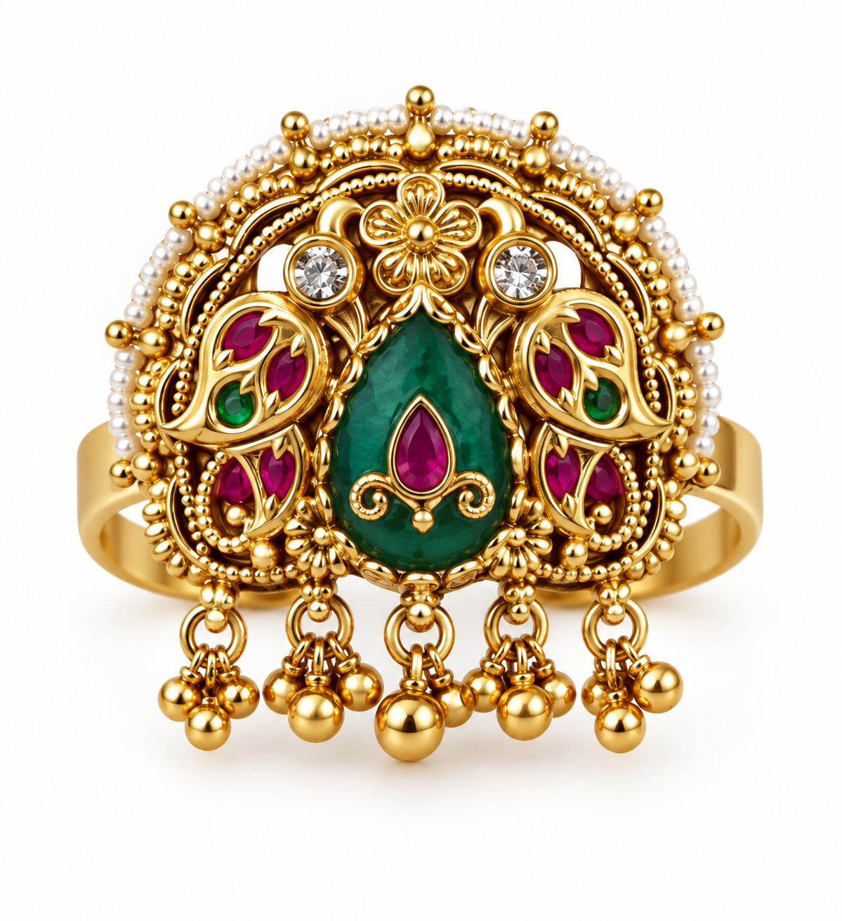 Adjustable green and ruby gold-tone statement ring close-up
