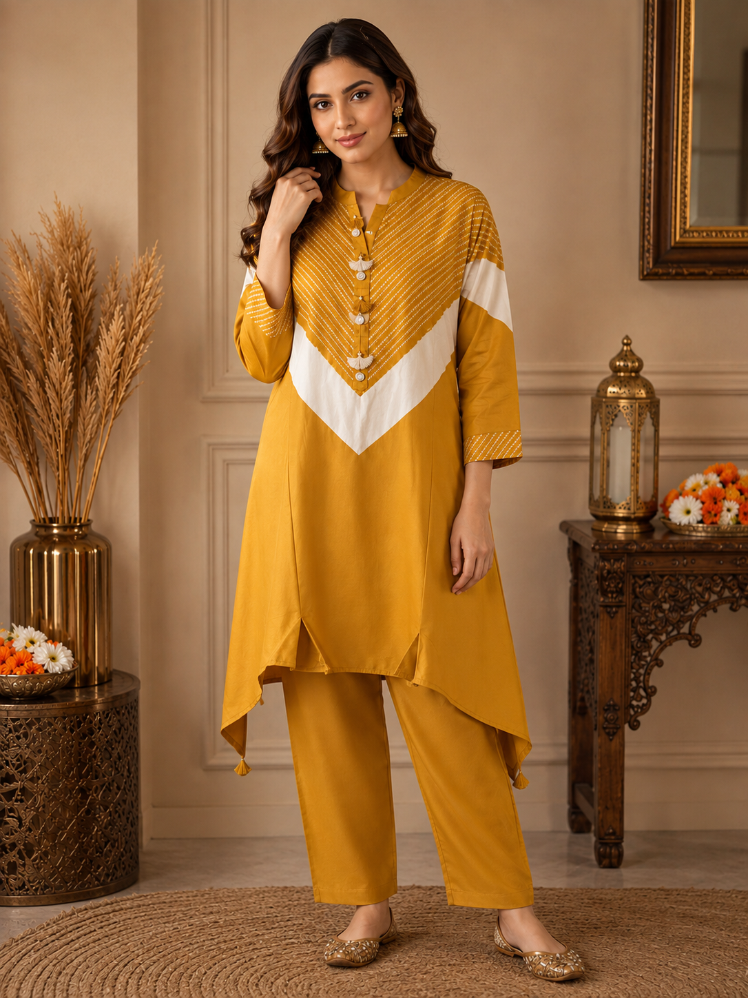 Mustard gold printed kurta and pant set detail