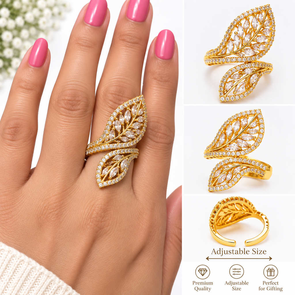 Adjustable gold-tone ring showing baguette-style stones
