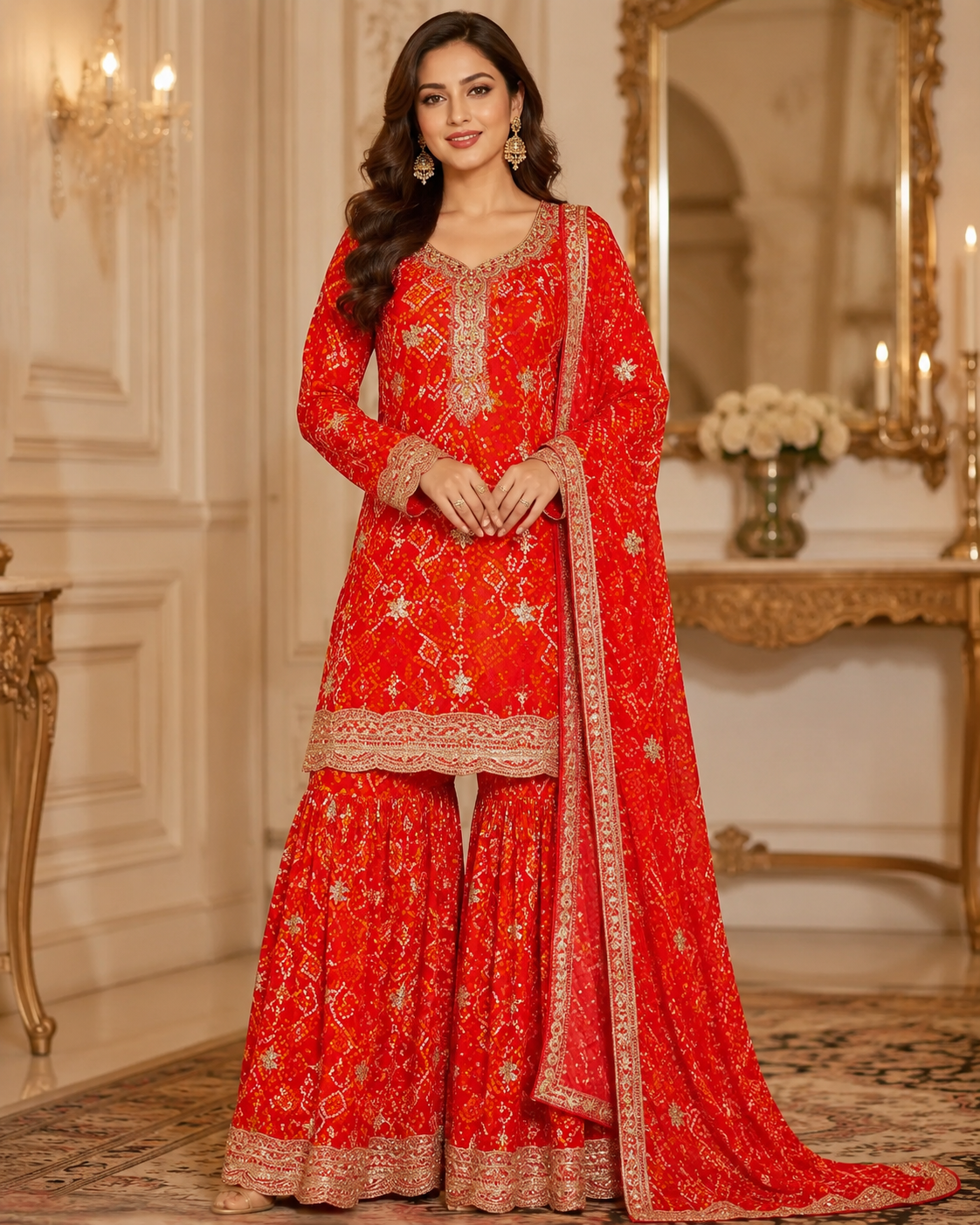 Red and gold embroidered three-piece sharara suit