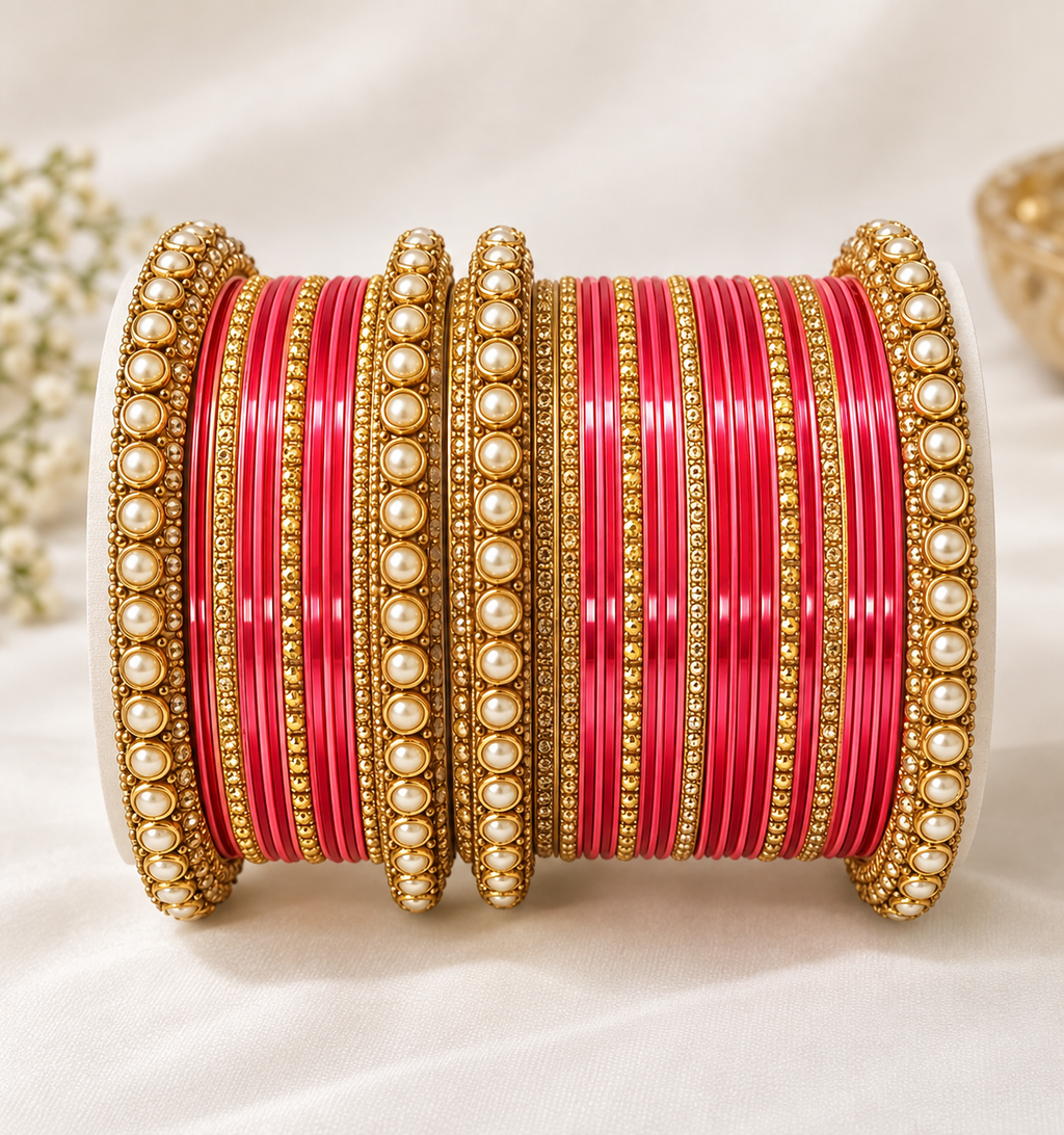 Pink and gold bridal bangle set with pearl-style accents