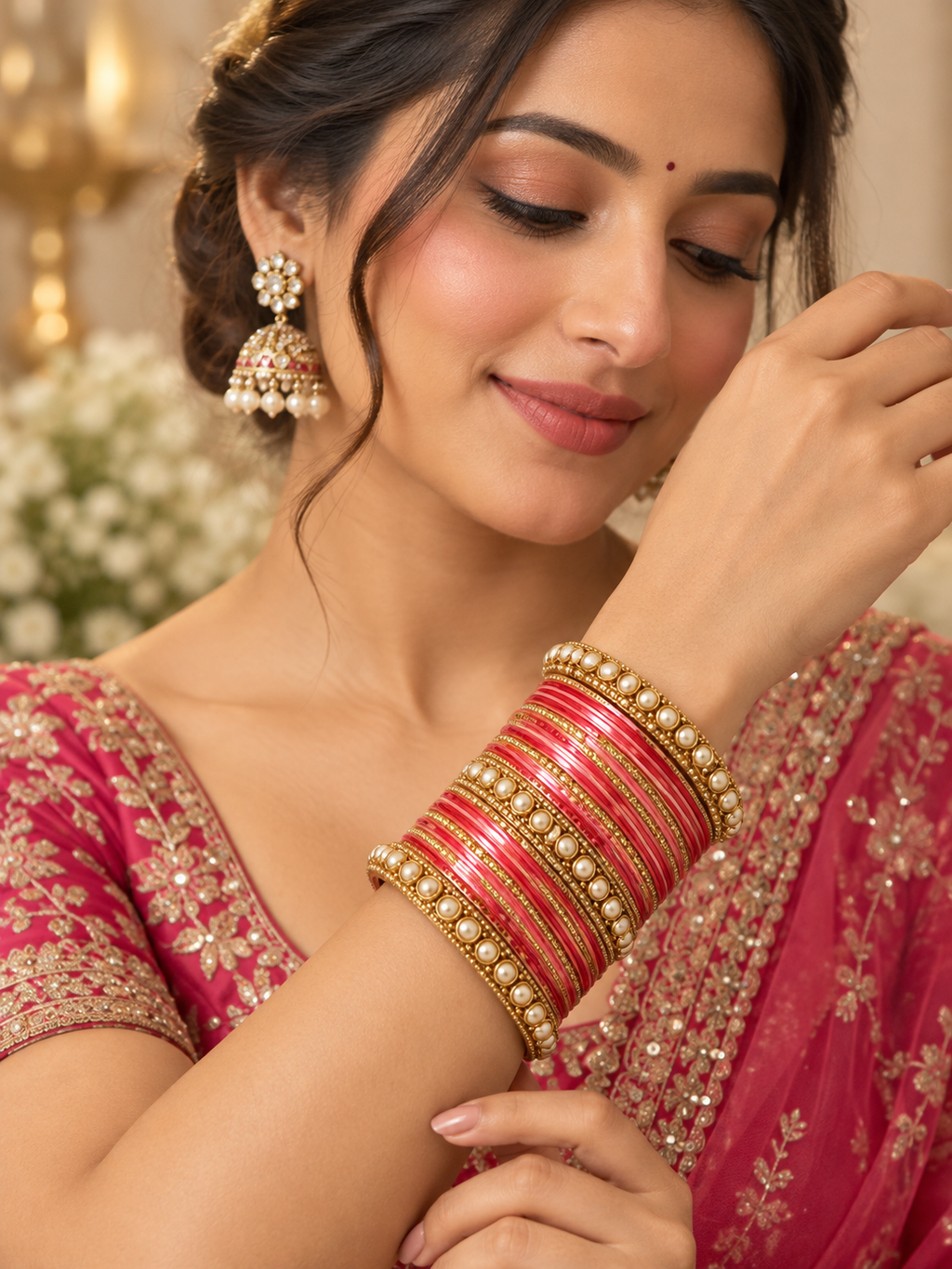 Pink and gold bridal bangle set with pearl-style accents detail