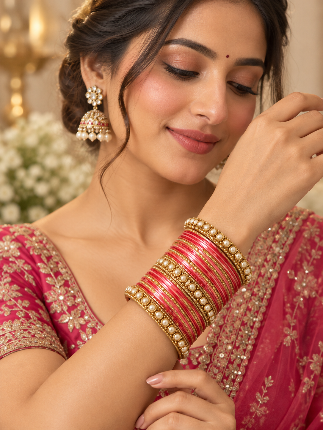 Pink and gold bridal bangle set with pearl-style accents detail