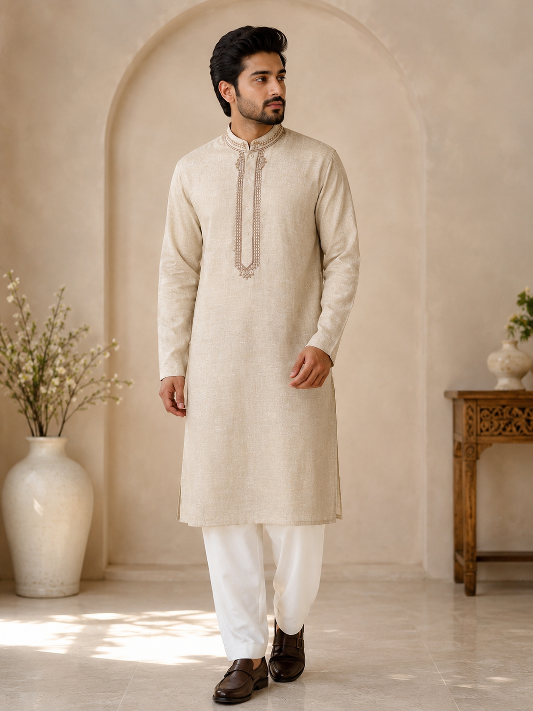 Men’s embroidered beige kurta pajama set