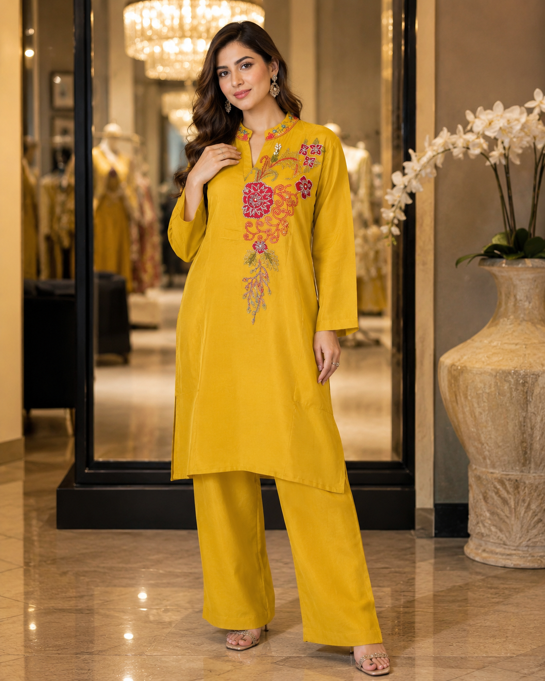 Mustard yellow embroidered kurta and pant set