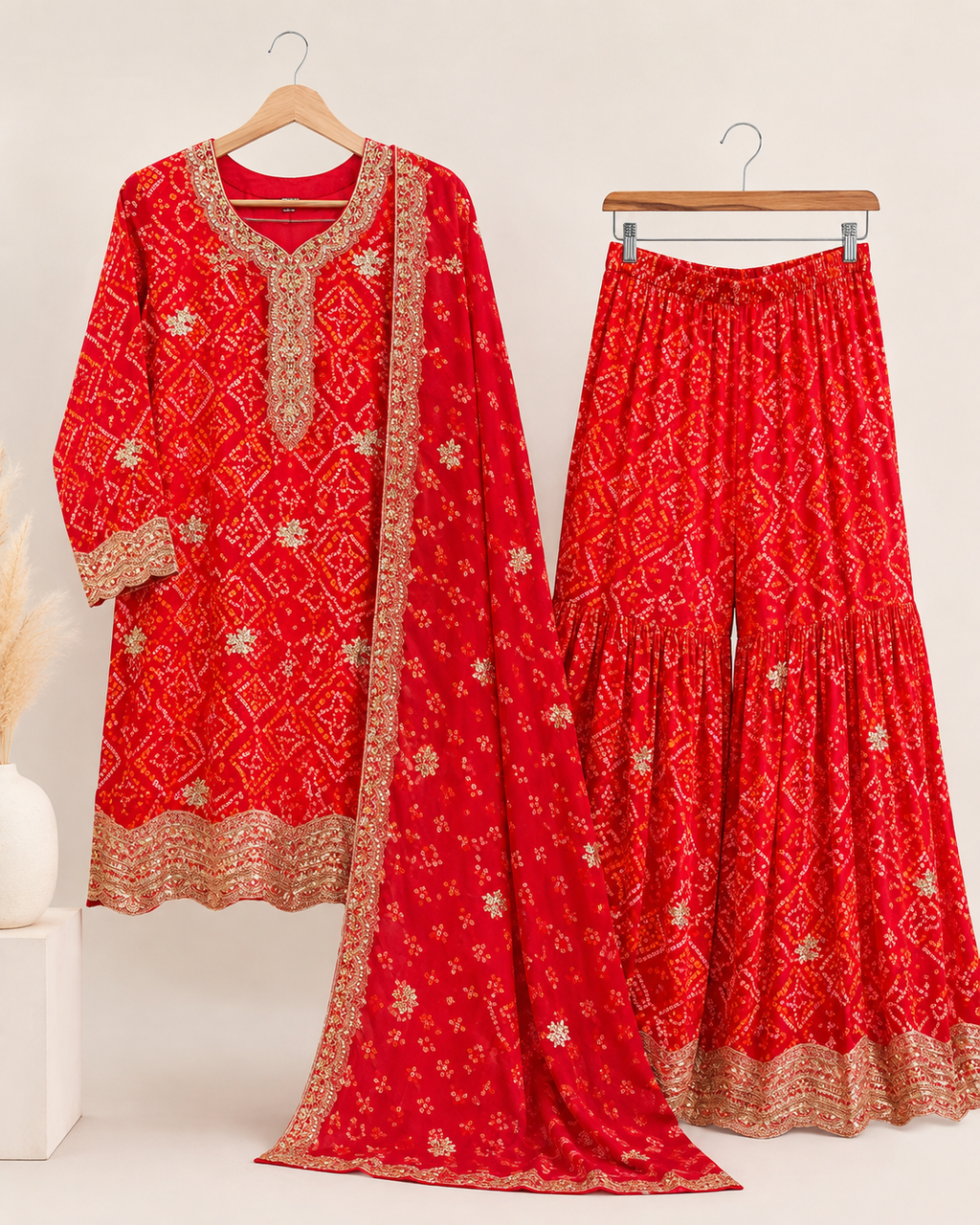 Red and gold sharara suit embroidery and dupatta detail