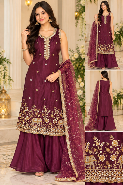 Elegant Wine Embroidered 3-Piece Palazzo Suit Set
