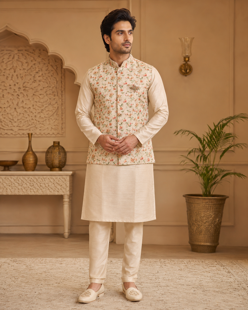 Men’s cream kurta pajama with floral Nehru jacket