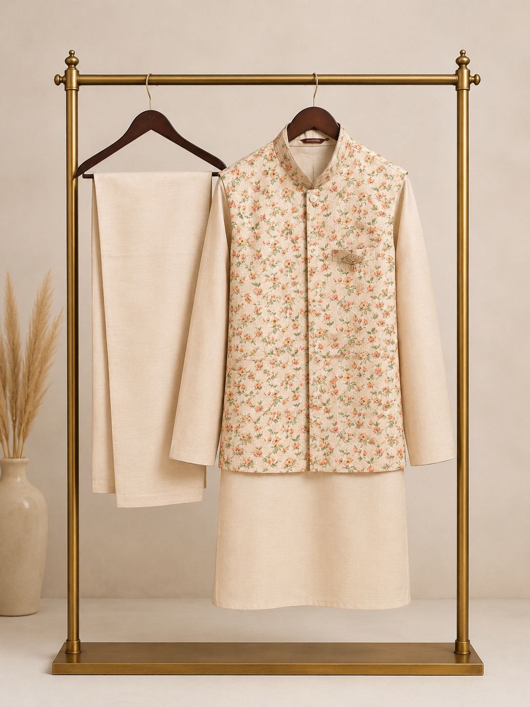 Men’s three-piece cream kurta pajama set detail