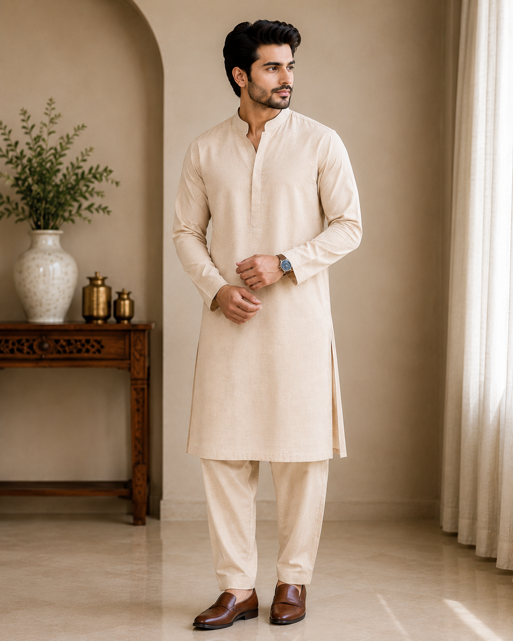 Floral Nehru jacket detail on men’s cream kurta set