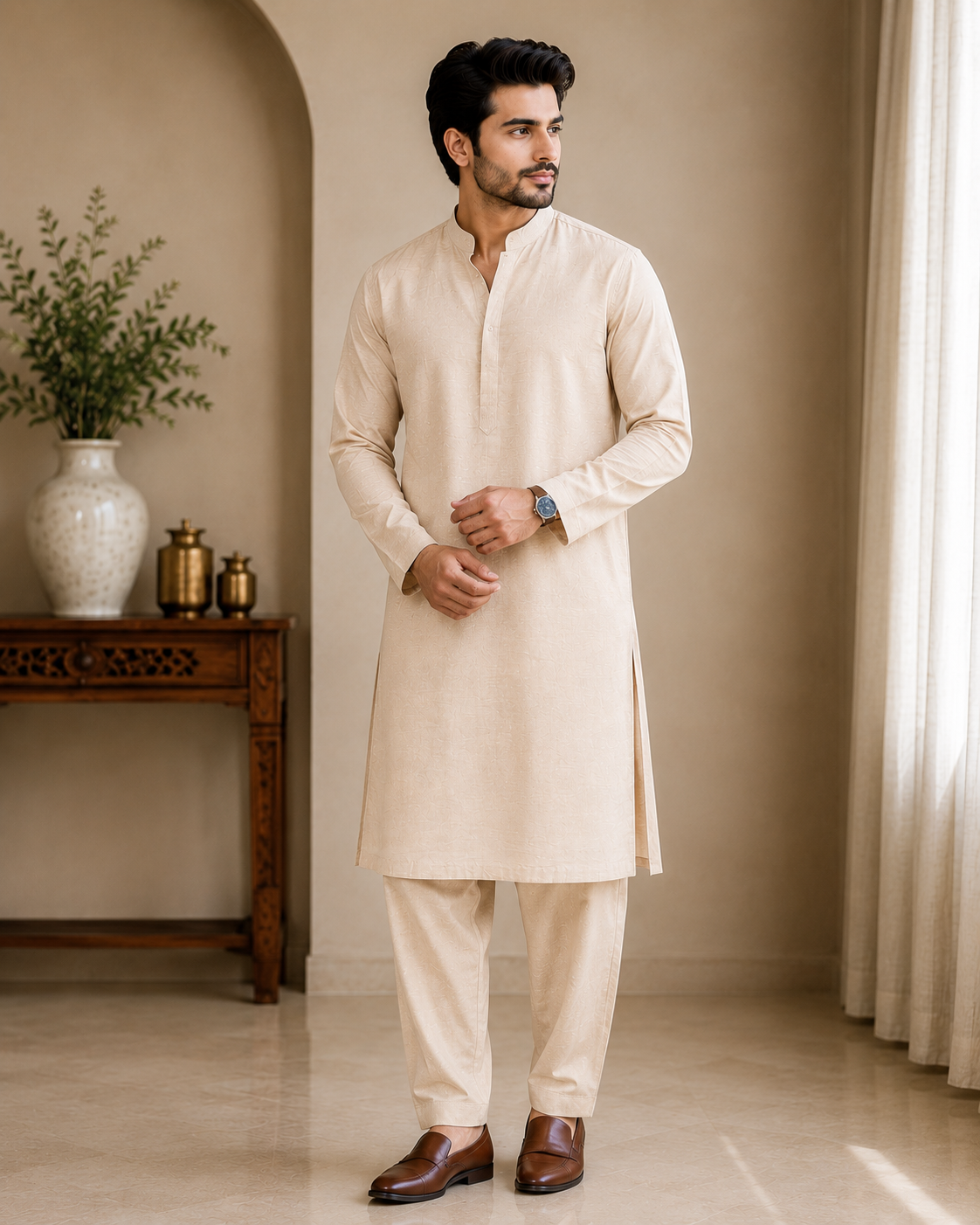 Floral Nehru jacket detail on men’s cream kurta set