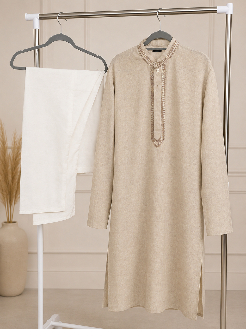 Men’s beige embroidered kurta pajama set detail view
