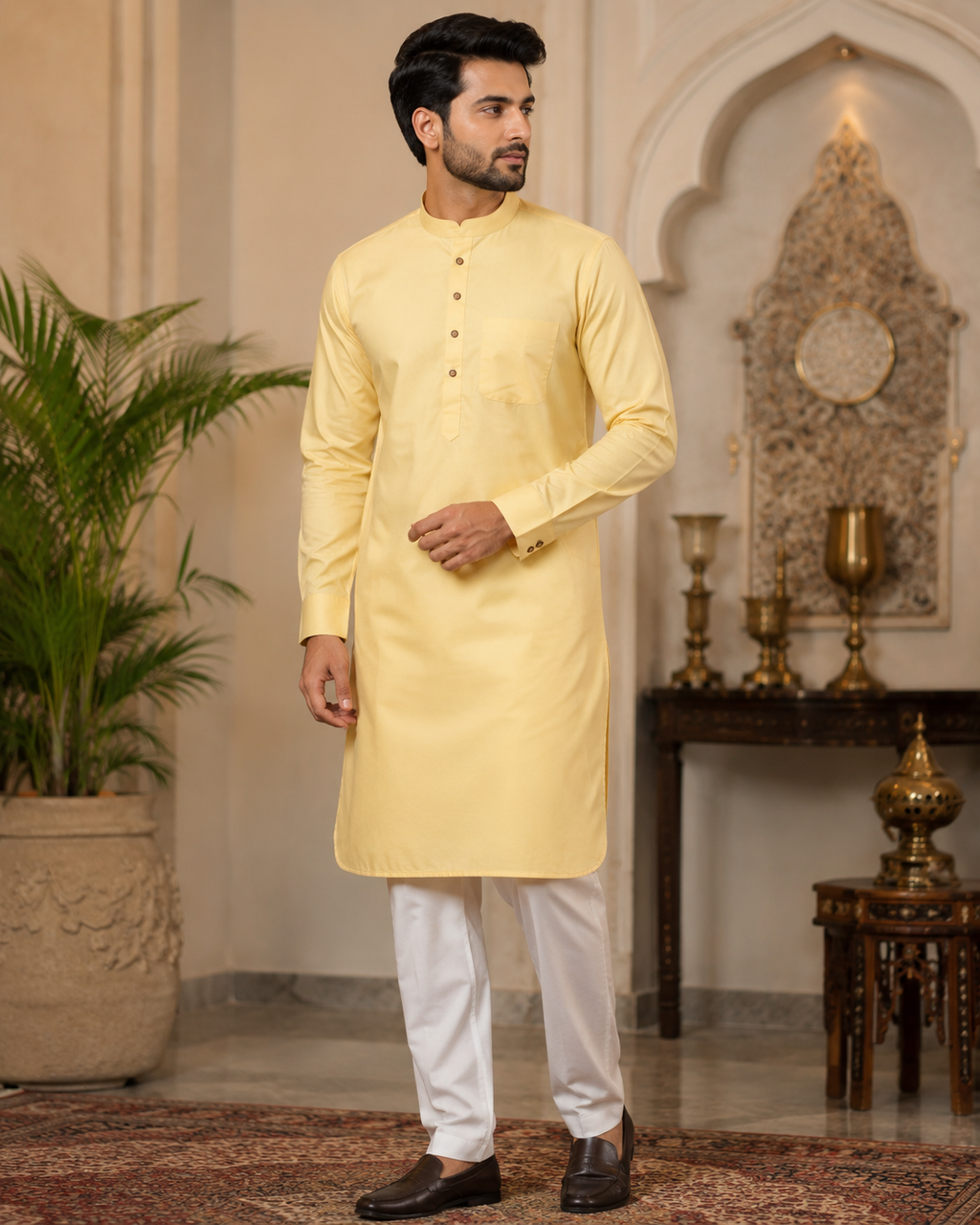 Men’s pastel yellow kurta pajama set alternate view