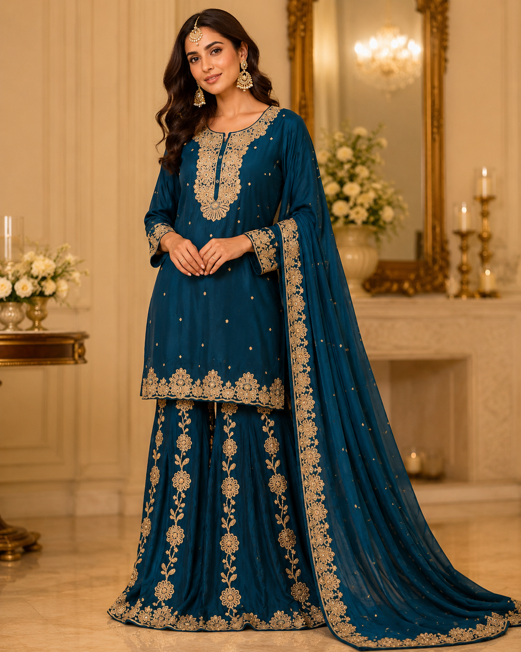 Teal blue and gold sharara suit embroidery detail