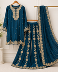 Teal blue and gold embroidered three-piece sharara suit