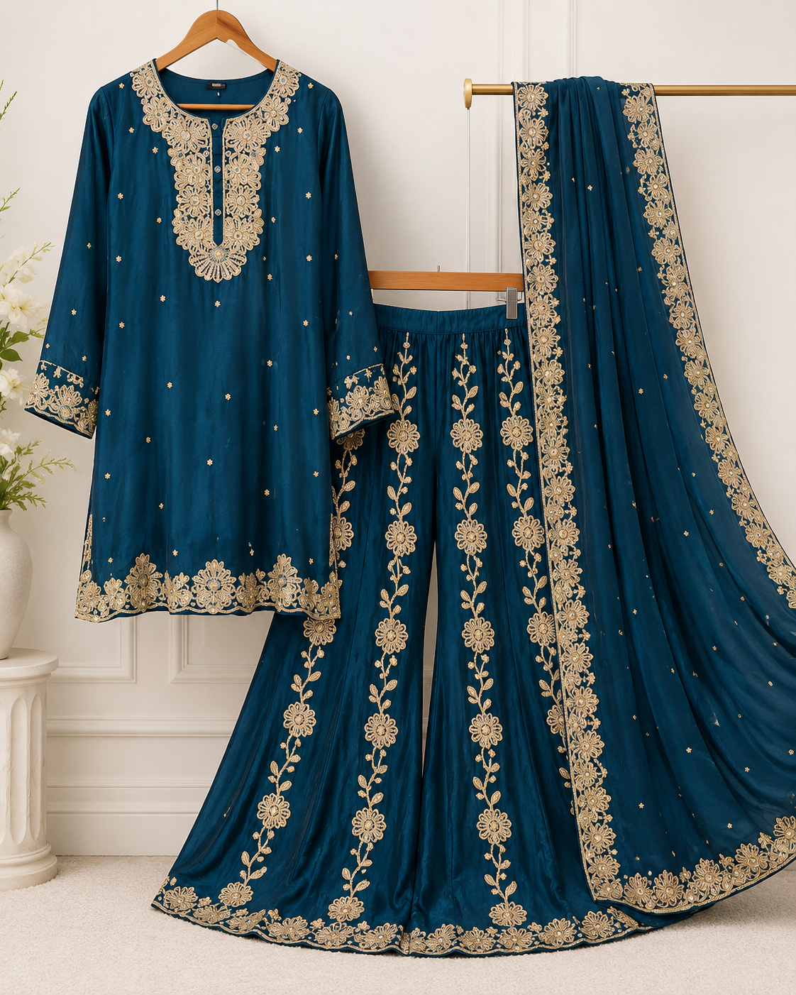 Teal blue and gold embroidered three-piece sharara suit