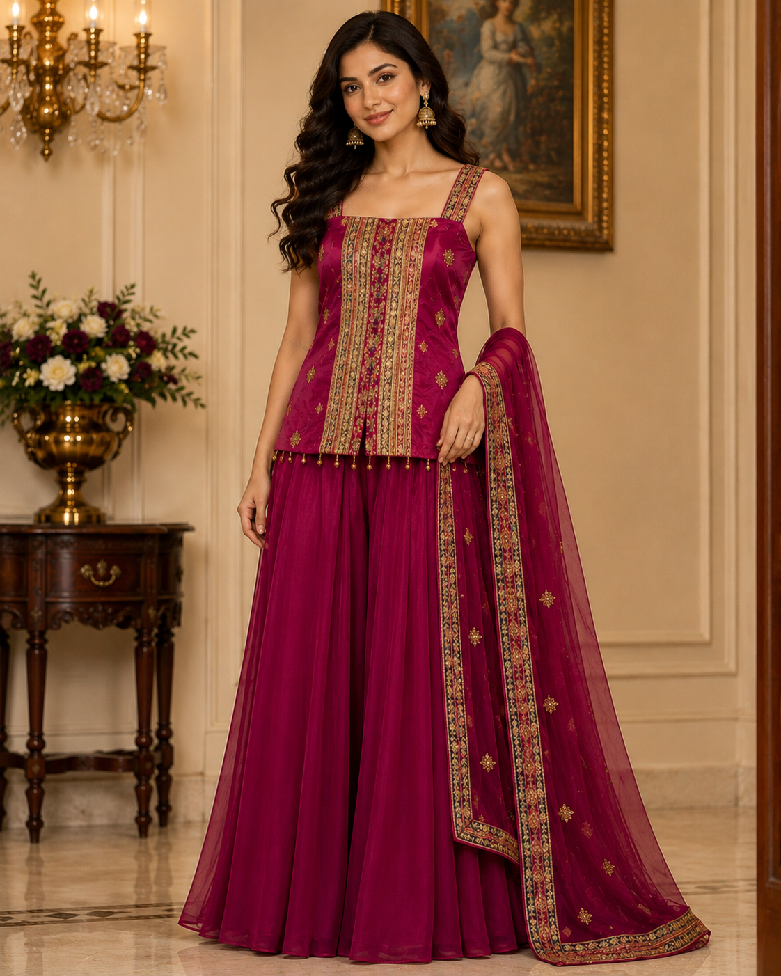 Palazzo set wide-leg pants and embroidery detail