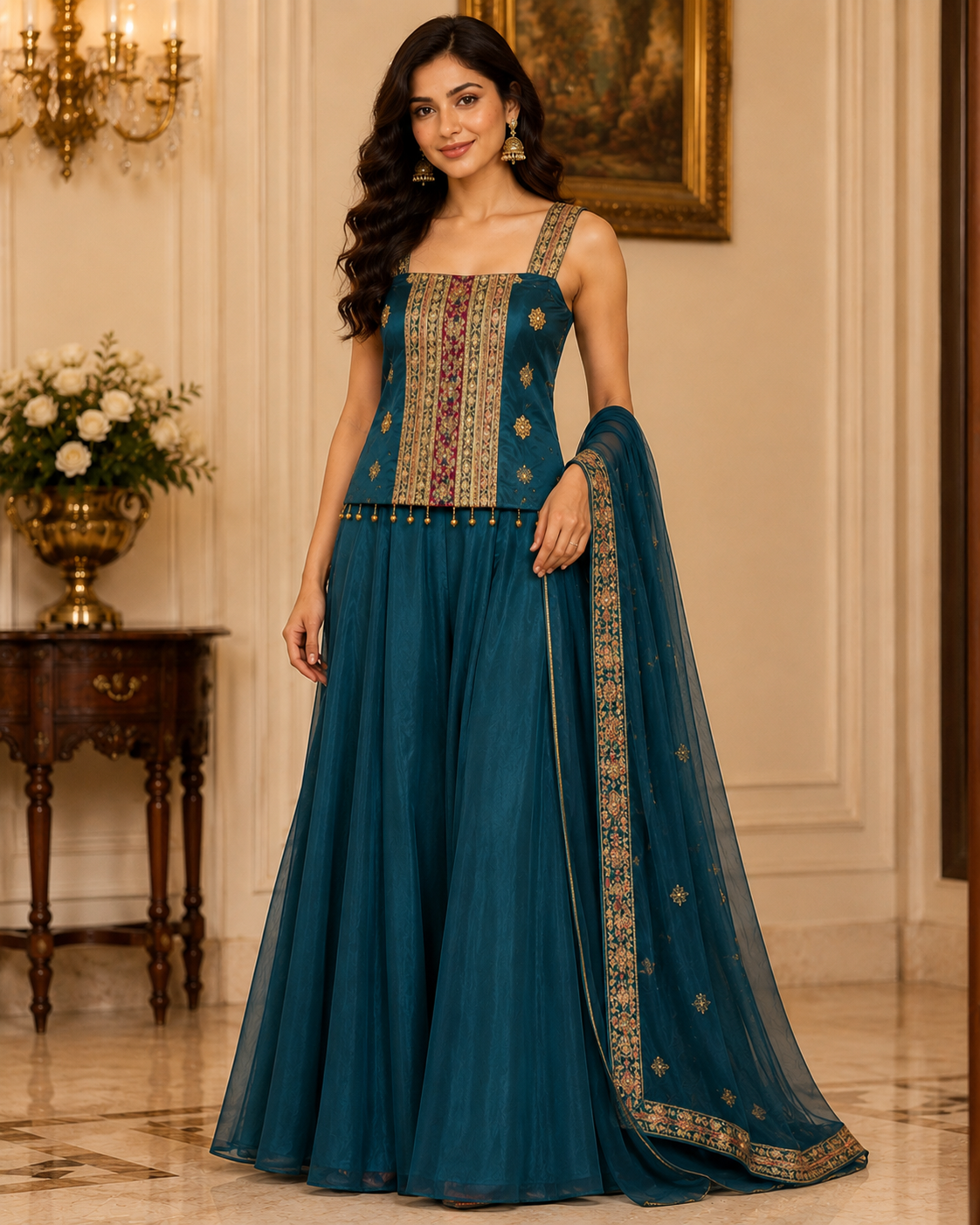 Embroidered three-piece palazzo set alternate view