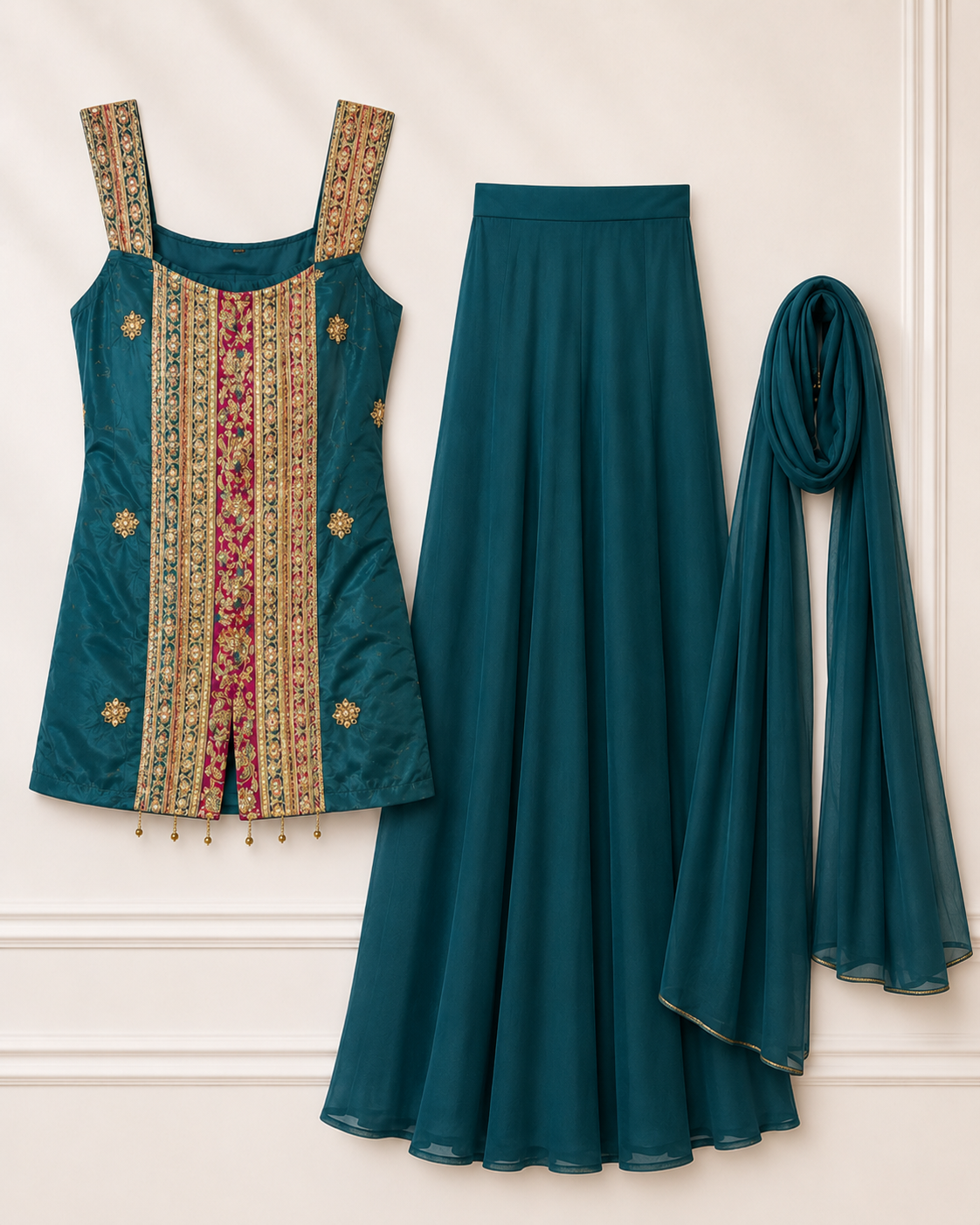 Embroidered three-piece palazzo set